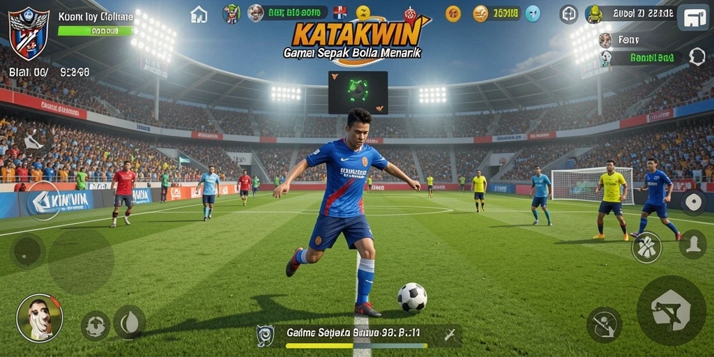 Screenshot utama KATAKWIN menampilkan aksi seru di lapangan sepak bola.